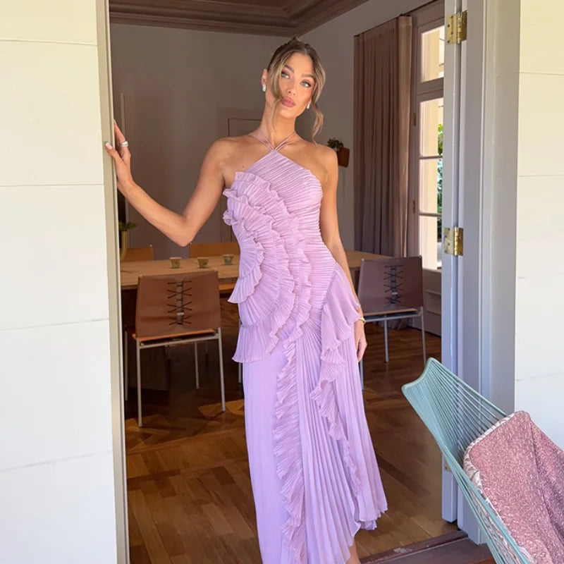 Elegant Purple Halter A Line Prom Gowns Ruffles Tiered Backless Party Gown Summer Vacation Chiffon Long Evening Dress