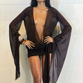Women Mesh Irregular  Mini Dress Sexy See Through Chic Long Sleeve Deep Low Neck Bandage Slim Vestidos Mujer Coquette Frock