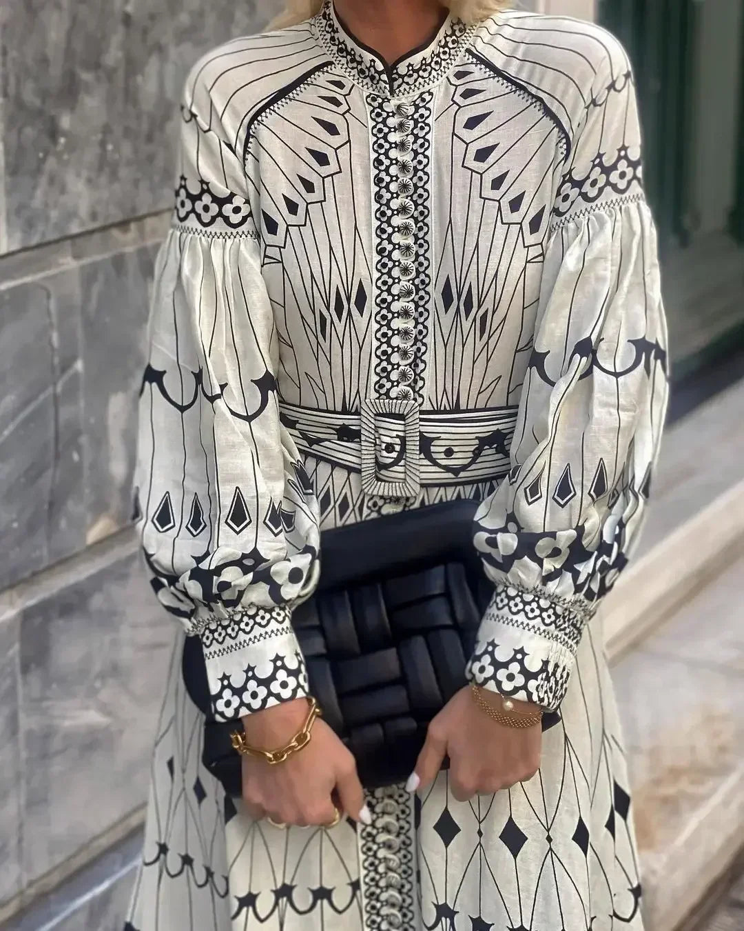Retro Elegant Stand Collar Long Dress Women Spring Pattern Print Belted Buckle Party  Autumn  Sleeve A-Line Boho