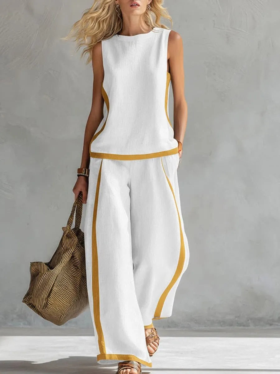 Women Linen 2 Piece Sets Color Block Sleeveless O Neck Tank Top High Waist Wide Leg Pants Loose Casual Summer Matching Suit