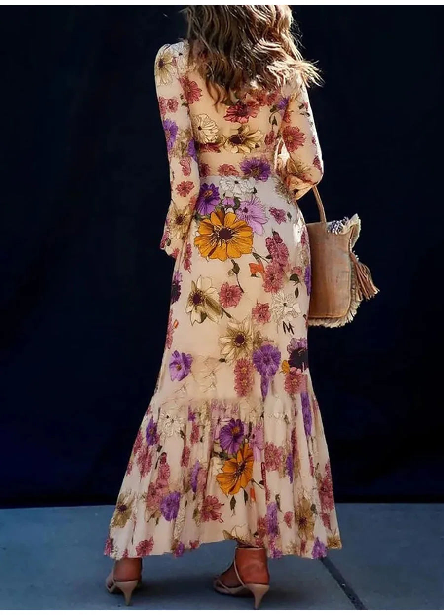 Vintage Flower Print Long Dress Women Autumn 2025 Winter Fashion Long Sleeve Slim A-line Maxi Dresses Elegant Vestidos