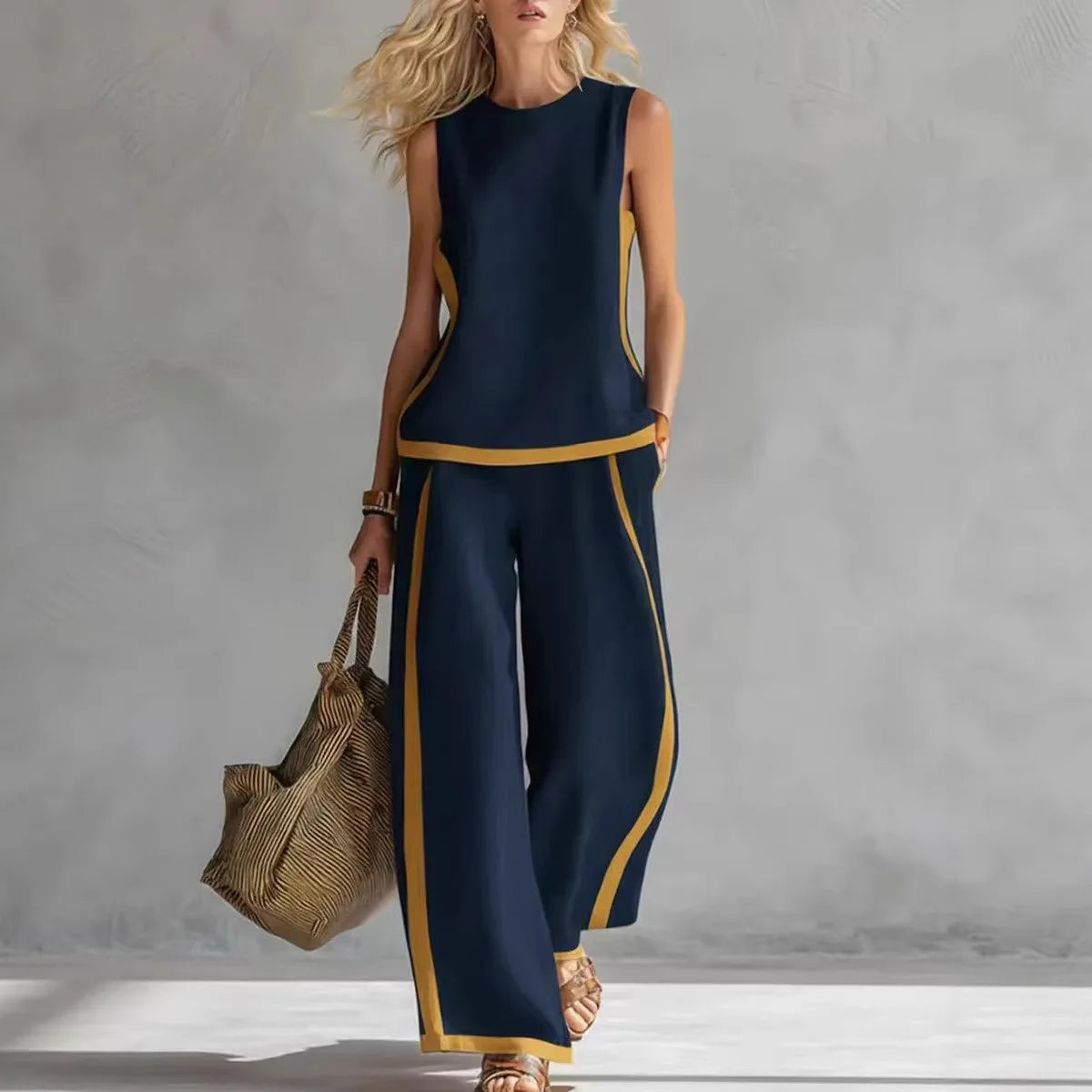 Women Linen 2 Piece Sets Color Block Sleeveless O Neck Tank Top High Waist Wide Leg Pants Loose Casual Summer Matching Suit