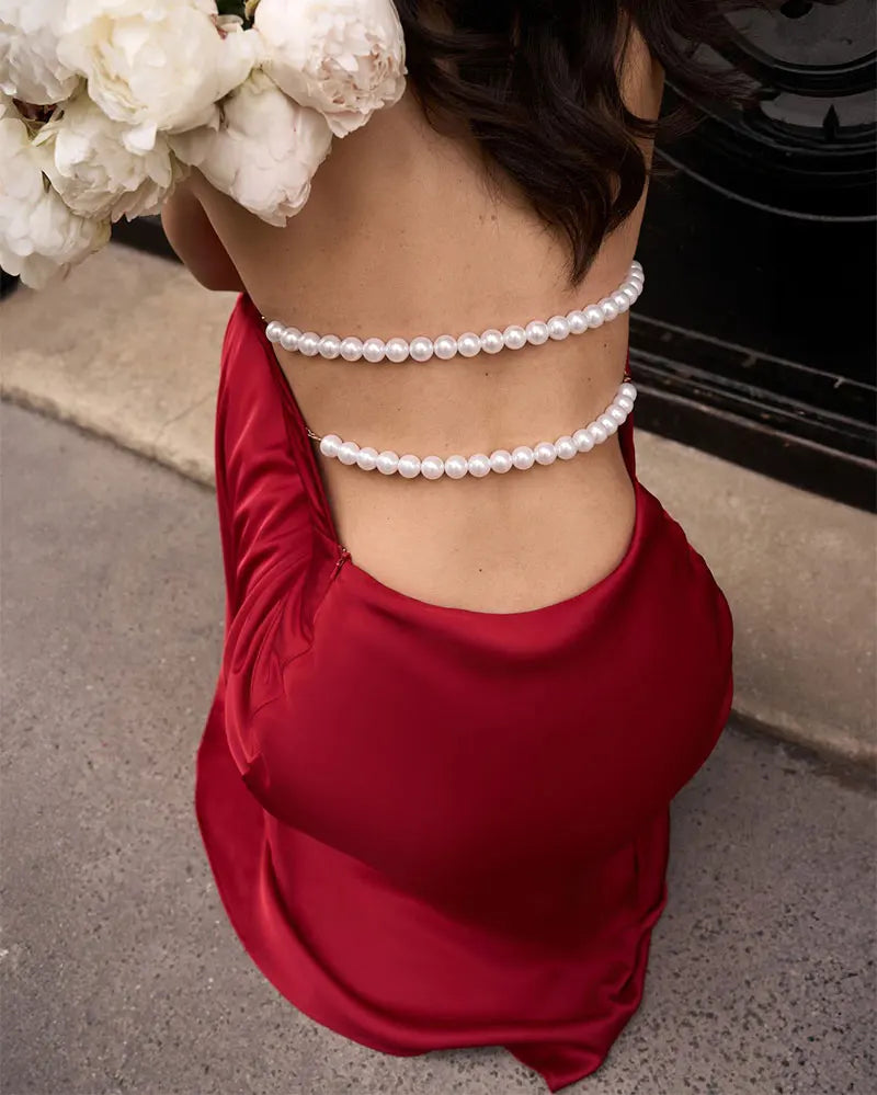 GACVGA Satin Backless Pearls Sexy Bodycon Prom Party Maxi Dress Halter Sleeveless Celebrity Evening Runway Slim Club Long Dress