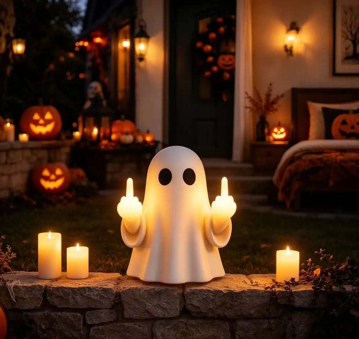 Halloween Ghost Middle Finger Resin Night Light, Spooky Glowing Desk Lamp for Porch, Bedroom, Balcony, Holiday Decor