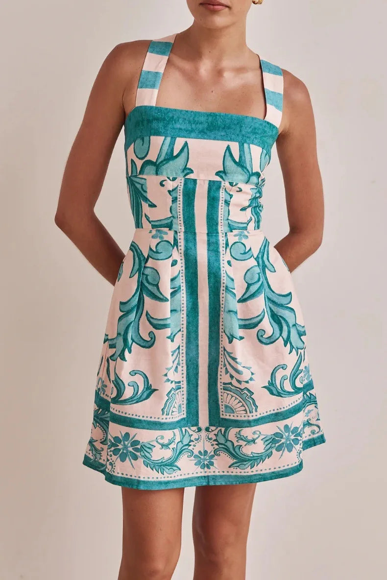 Women Summer Sexy Printed A-line Mini Dress Fashion Casual Blackless Sleeveless High Waist Off Shoulder Vestidos Party Dresses