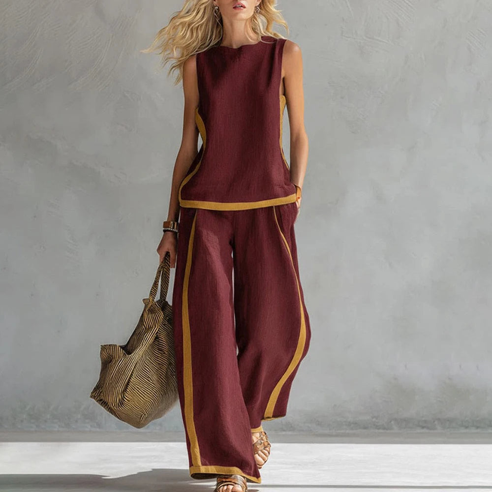Women Linen 2 Piece Sets Color Block Sleeveless O Neck Tank Top High Waist Wide Leg Pants Loose Casual Summer Matching Suit
