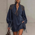 Vintage Fashion Print Tassels Mini Dress Woman Casual V Neck Pocket A-Line Dress Autumn Winter Long Sleeve High Waist Boho Dress