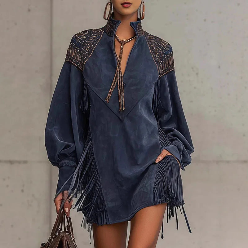 Vintage Fashion Print Tassels Mini Dress Woman Casual V Neck Pocket A-Line Dress Autumn Winter Long Sleeve High Waist Boho Dress