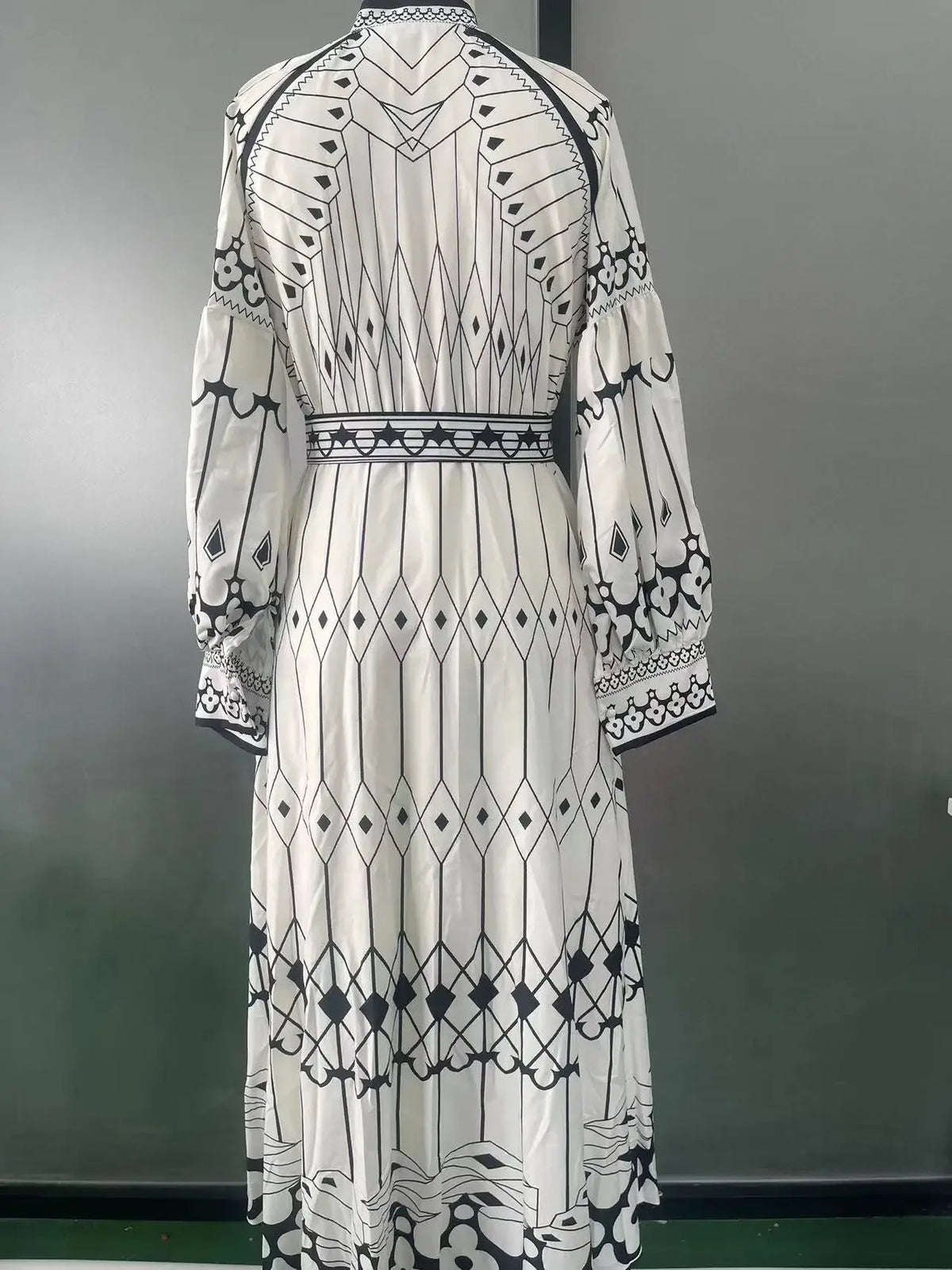 Retro Elegant Stand Collar Long Dress Women Spring Pattern Print Belted Buckle Party  Autumn  Sleeve A-Line Boho