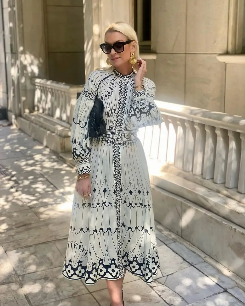 Retro Elegant Stand Collar Long Dress Women Spring Pattern Print Belted Buckle Party  Autumn  Sleeve A-Line Boho