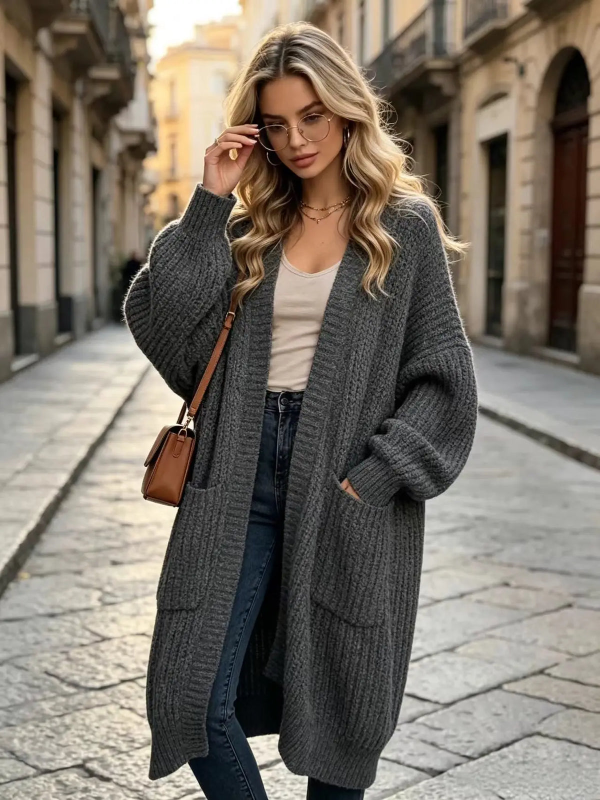Women Oversized Long Knit Cardigan V Neck Open Front Pockets Thick Loose Lantern Sleeve Maxi Sweater Coat for Fall Winter