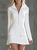 Women Half Zip Stand Collar Sweatshirt Mini Dress Autumn Winter Pink Long Sleeve Casual Slim Short Dresses Streetwear Outfits