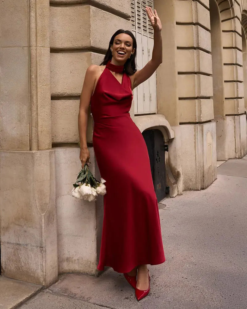 GACVGA Satin Backless Pearls Sexy Bodycon Prom Party Maxi Dress Halter Sleeveless Celebrity Evening Runway Slim Club Long Dress