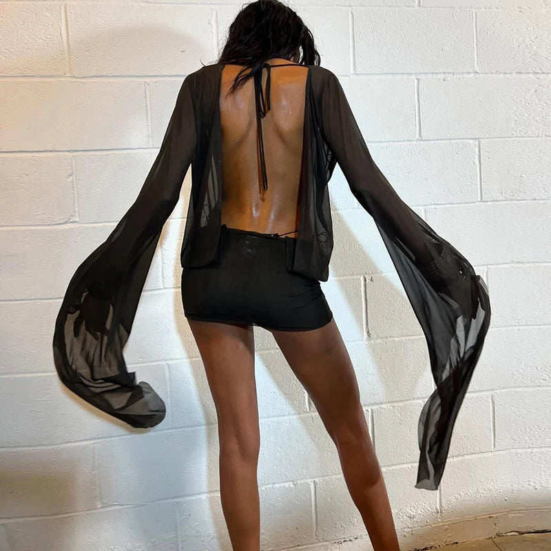 Women Mesh Irregular  Mini Dress Sexy See Through Chic Long Sleeve Deep Low Neck Bandage Slim Vestidos Mujer Coquette Frock