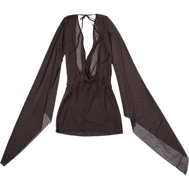 Women Mesh Irregular  Mini Dress Sexy See Through Chic Long Sleeve Deep Low Neck Bandage Slim Vestidos Mujer Coquette Frock
