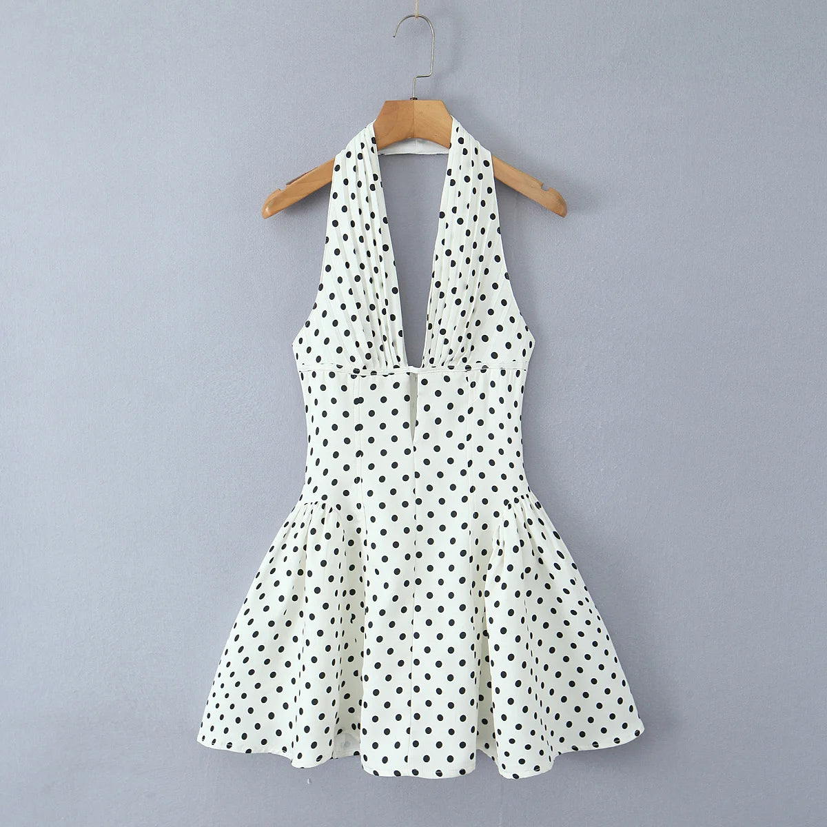 YENKYE French Style Retro Polka Dot Deep V Halter Dress Women Sexy Backless A-line Slim Sweet Elegant Mini Dresses Summer Robe
