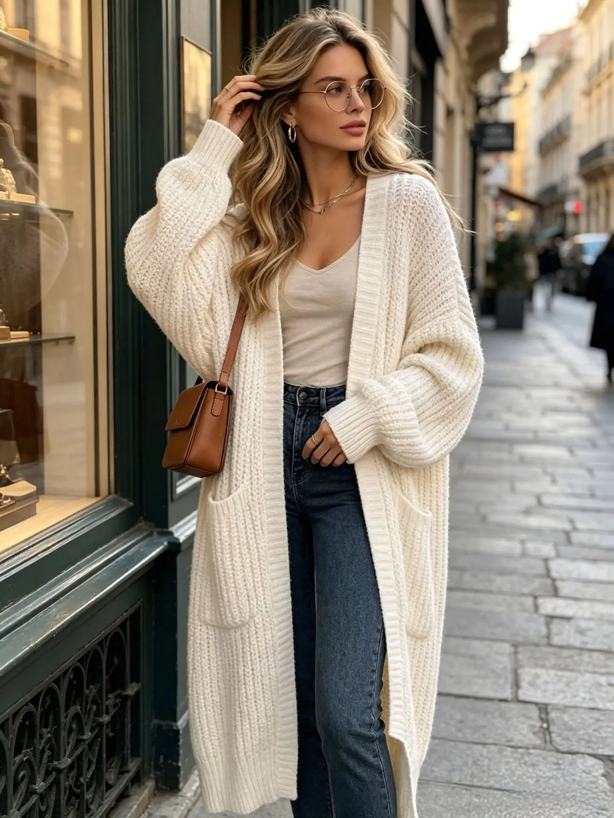 Women Oversized Long Knit Cardigan V Neck Open Front Pockets Thick Loose Lantern Sleeve Maxi Sweater Coat for Fall Winter