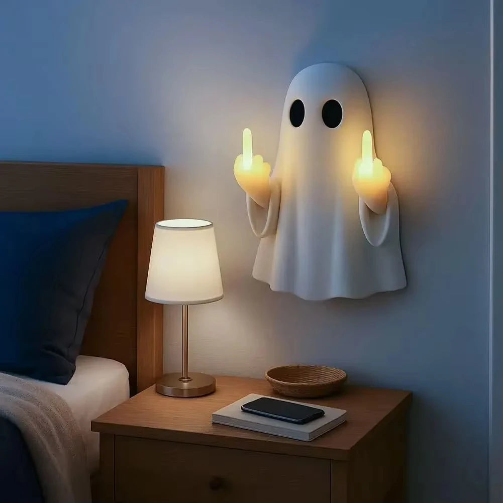 Halloween Ghost Middle Finger Resin Night Light, Spooky Glowing Desk Lamp for Porch, Bedroom, Balcony, Holiday Decor