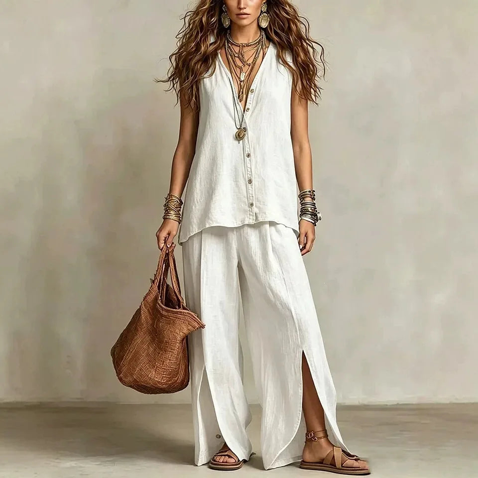 Vintage Solid Color Large Size Sleeveless V-neck Single-breasted Loose Vest Set Summer Lazy Vacation Two-piece Set