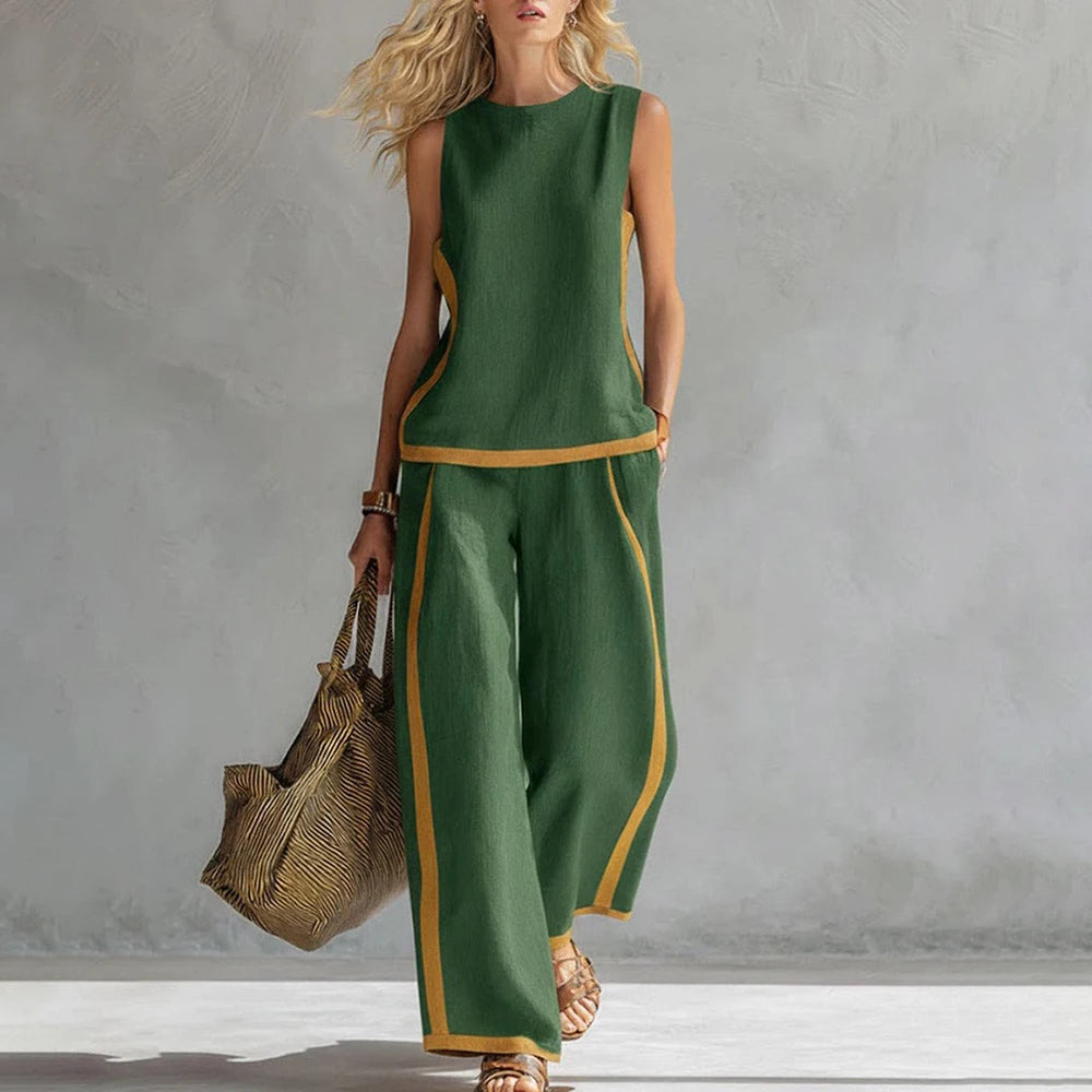 Women Linen 2 Piece Sets Color Block Sleeveless O Neck Tank Top High Waist Wide Leg Pants Loose Casual Summer Matching Suit