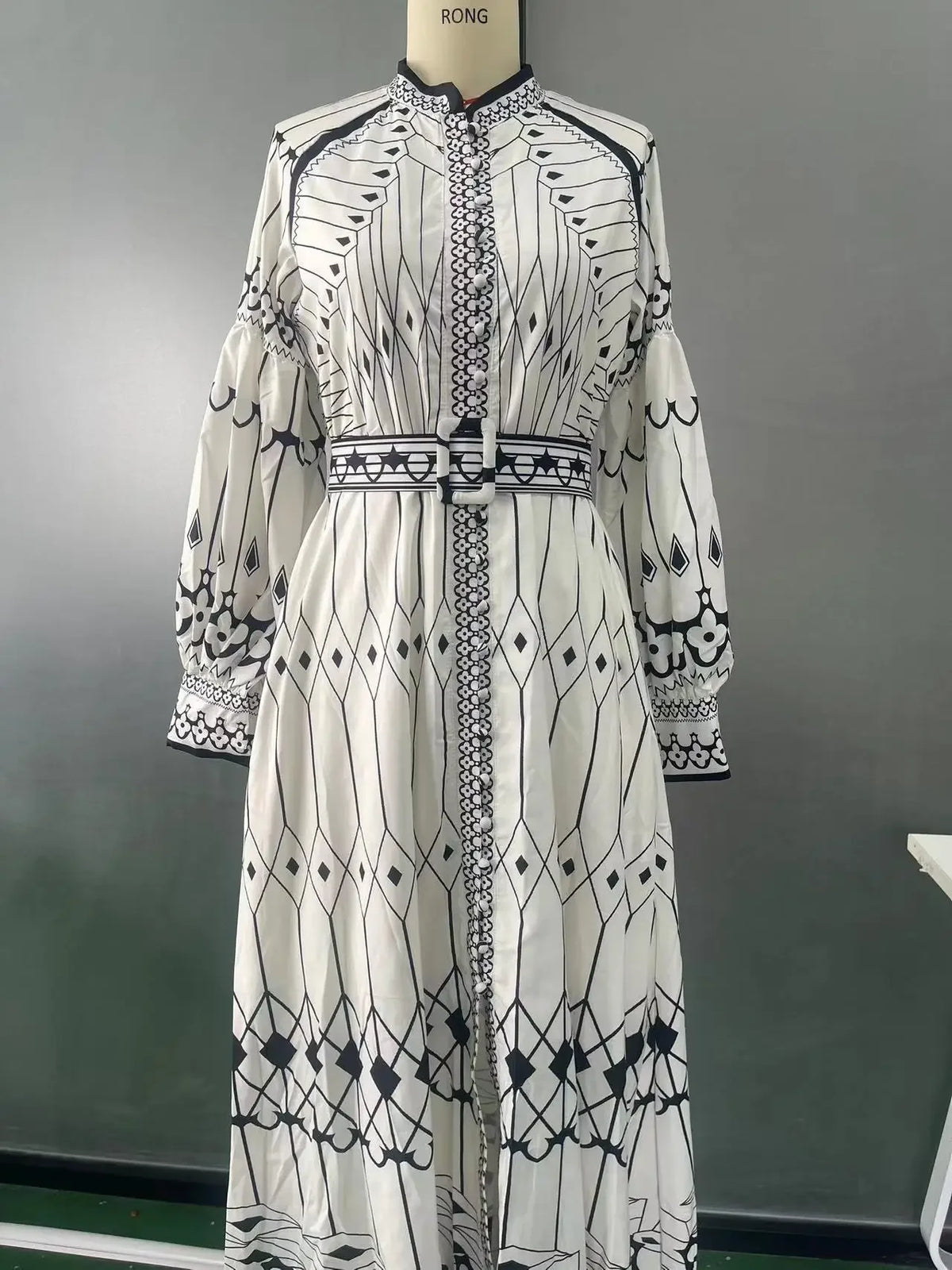 Retro Elegant Stand Collar Long Dress Women Spring Pattern Print Belted Buckle Party  Autumn  Sleeve A-Line Boho