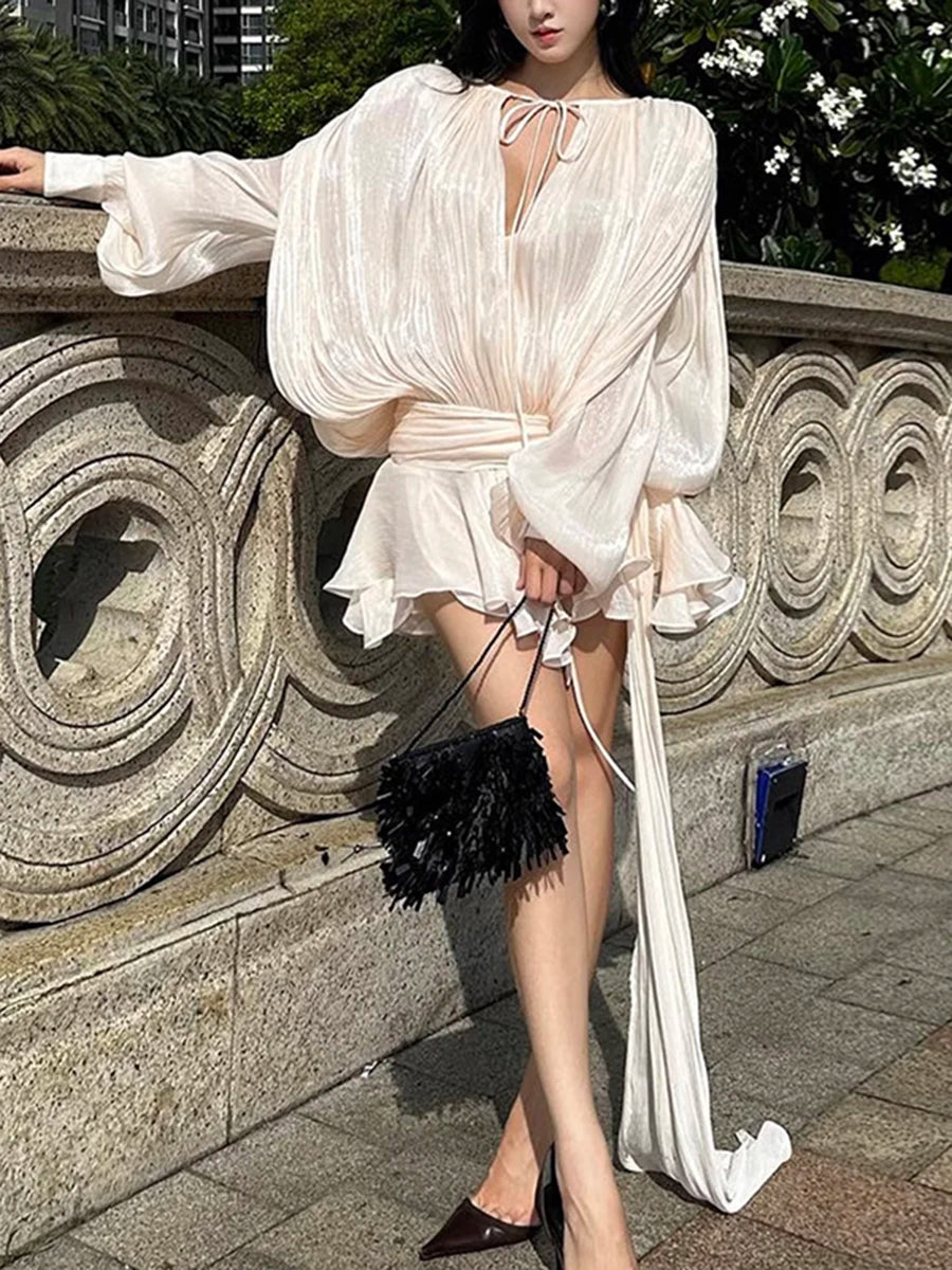 GALCAUR Solid Loose Splicd Lace Up Dresses For Women V Neck Long Sleeves Patchwork Ruffles Tunic Dreses Female Fashio New