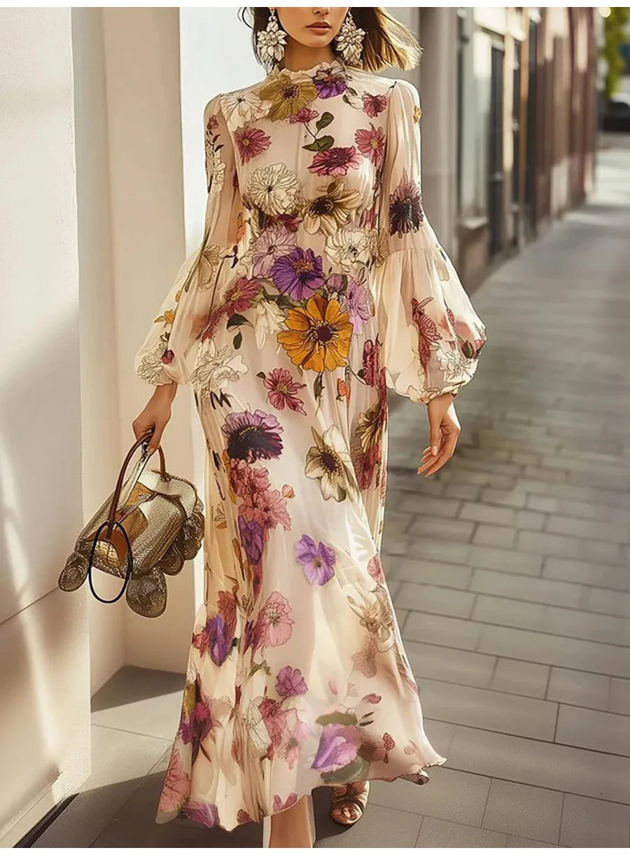 Vintage Flower Print Long Dress Women Autumn 2025 Winter Fashion Long Sleeve Slim A-line Maxi Dresses Elegant Vestidos