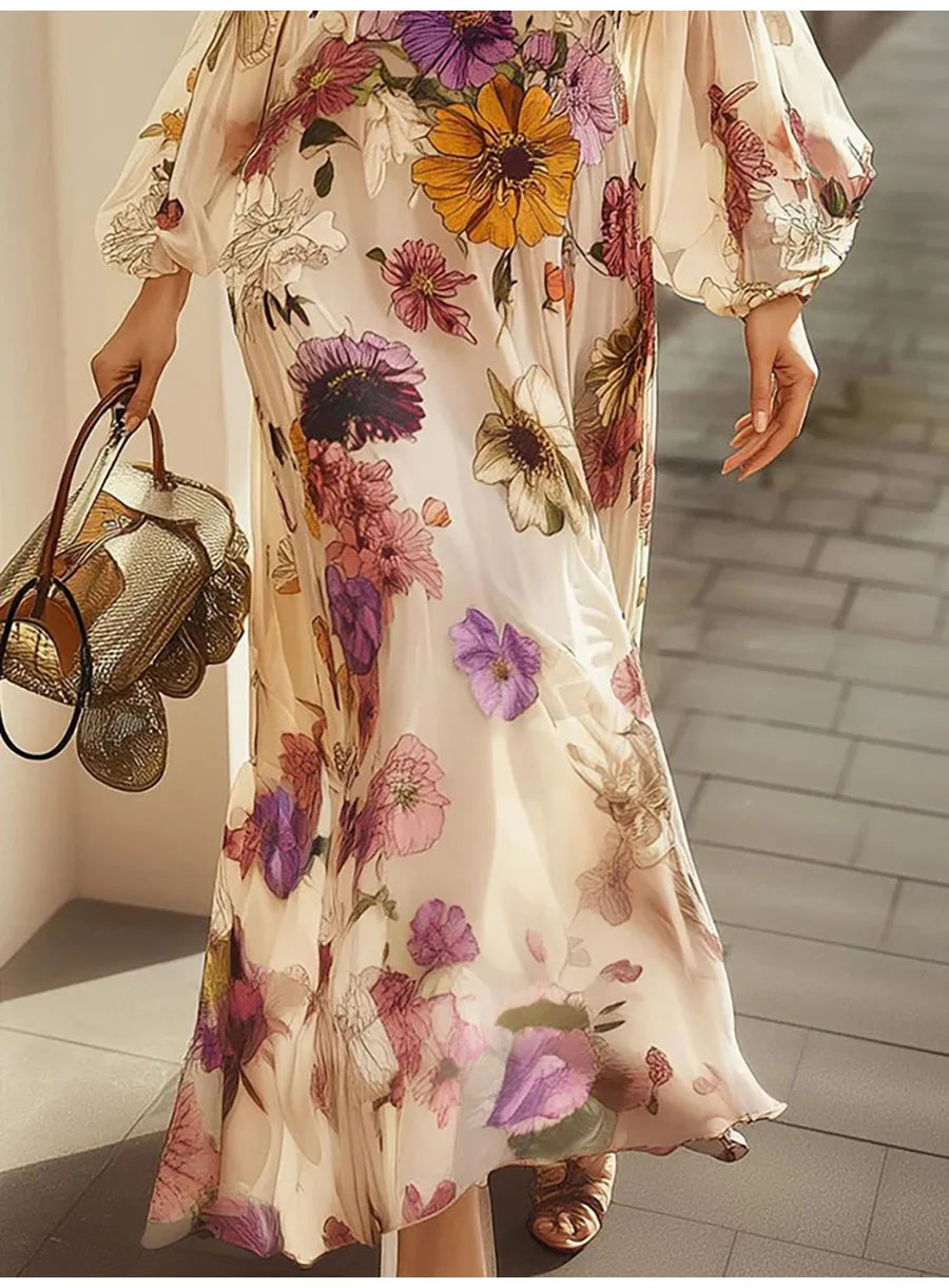 Vintage Flower Print Long Dress Women Autumn 2025 Winter Fashion Long Sleeve Slim A-line Maxi Dresses Elegant Vestidos