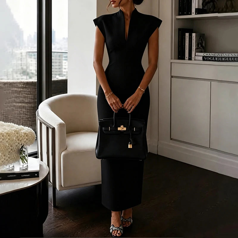 BKLD Women's Commuting Evening Party Elegant Gowns Solid Stand Collar V-neck Sleeveless Sheath Maxi Dresses Temperament Clothing