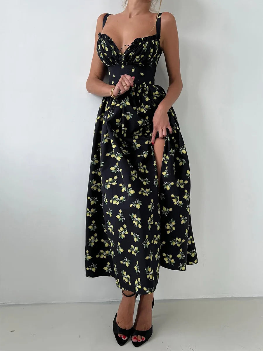 Bornladies 2025 Summer New Printing Cami Dress High Waist Slit Lemon Print Maxi Dress Vacation Long Dress For Women