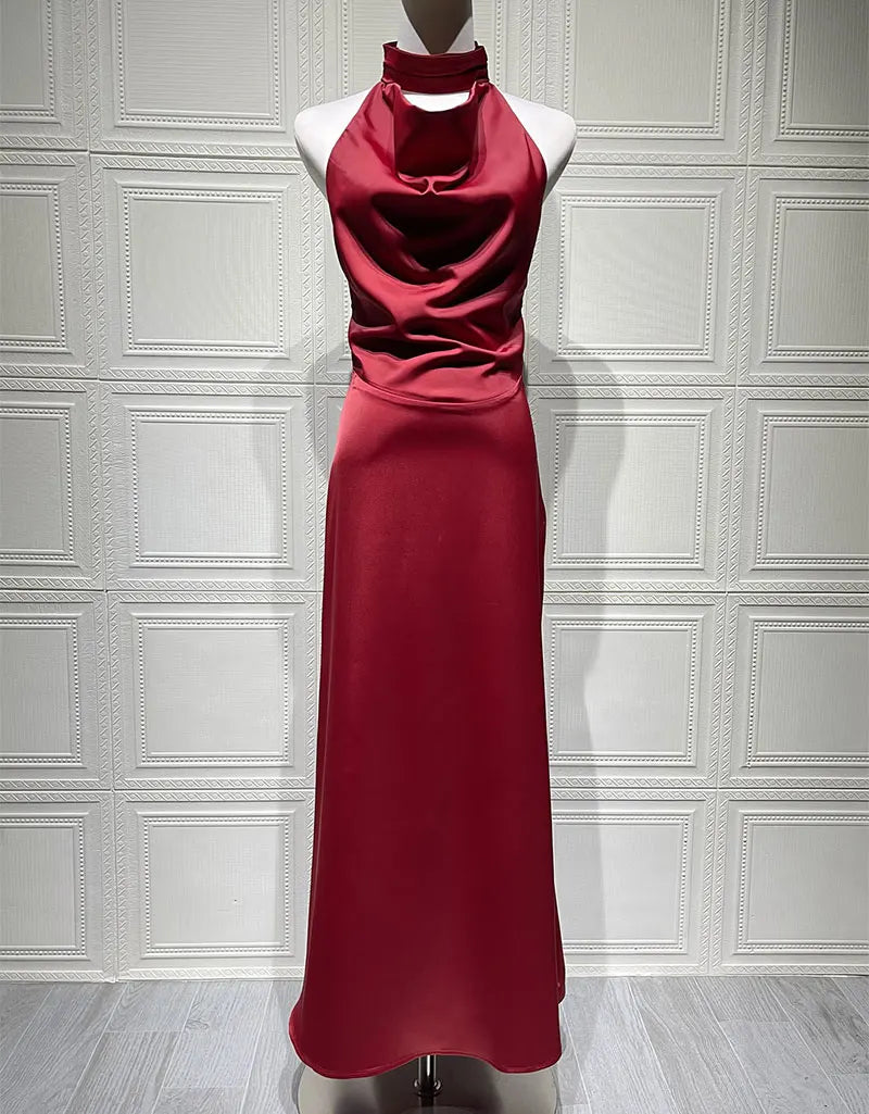GACVGA Satin Backless Pearls Sexy Bodycon Prom Party Maxi Dress Halter Sleeveless Celebrity Evening Runway Slim Club Long Dress