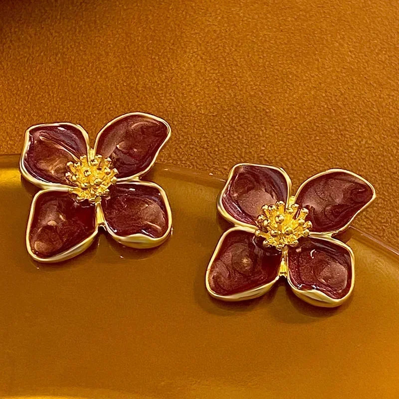 Korean Floral Hoop Cute Fashion Earrings for Women Alloy with Resin Inlay Japanese Style Suitable for Daily Wear and Weddings