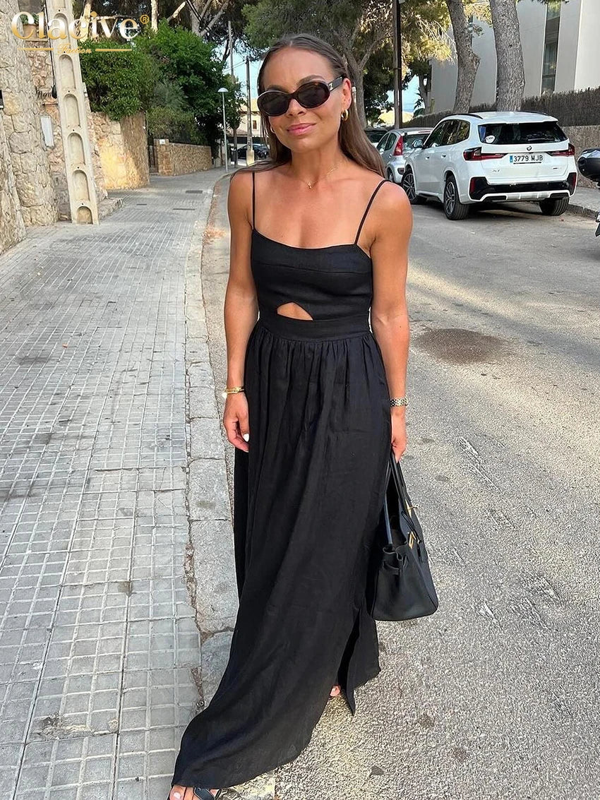 Clacive Sexy Loose Black Cotton Womens Dresses 2024 Summer Strap Sleeveless Ankle Length Dress Elegant Hollow Out Female Dress