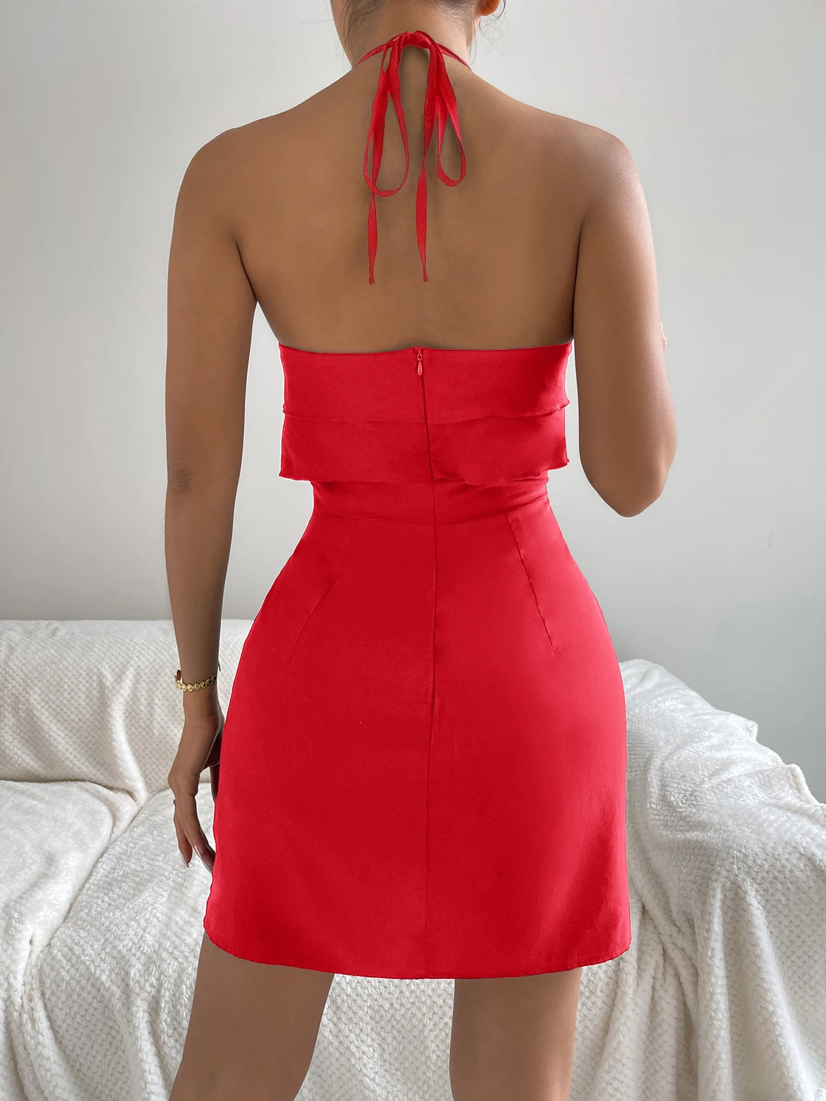 Summer Women's Hanging Neck Exposed Backpack Hip Skirt Fashionable Sexy Ruffled Edge Dress