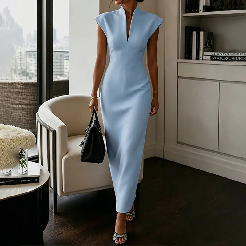 BKLD Women's Commuting Evening Party Elegant Gowns Solid Stand Collar V-neck Sleeveless Sheath Maxi Dresses Temperament Clothing