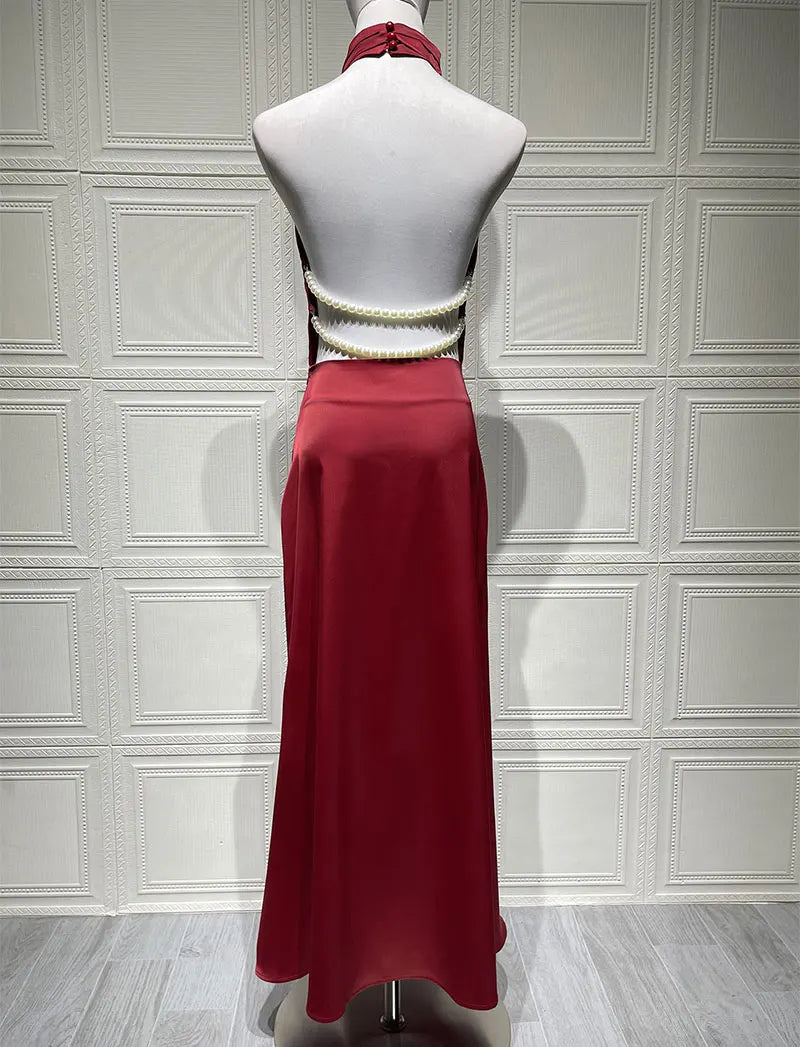 GACVGA Satin Backless Pearls Sexy Bodycon Prom Party Maxi Dress Halter Sleeveless Celebrity Evening Runway Slim Club Long Dress