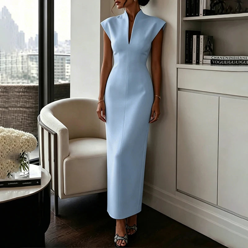 BKLD Women's Commuting Evening Party Elegant Gowns Solid Stand Collar V-neck Sleeveless Sheath Maxi Dresses Temperament Clothing