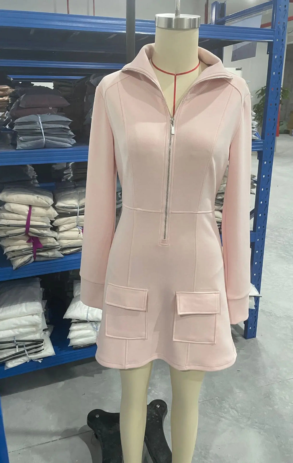 Women Half Zip Stand Collar Sweatshirt Mini Dress Autumn Winter Pink Long Sleeve Casual Slim Short Dresses Streetwear Outfits