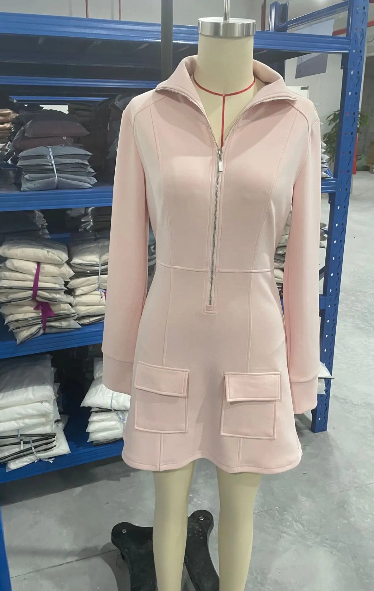Women Half Zip Stand Collar Sweatshirt Mini Dress Autumn Winter Pink Long Sleeve Casual Slim Short Dresses Streetwear Outfits