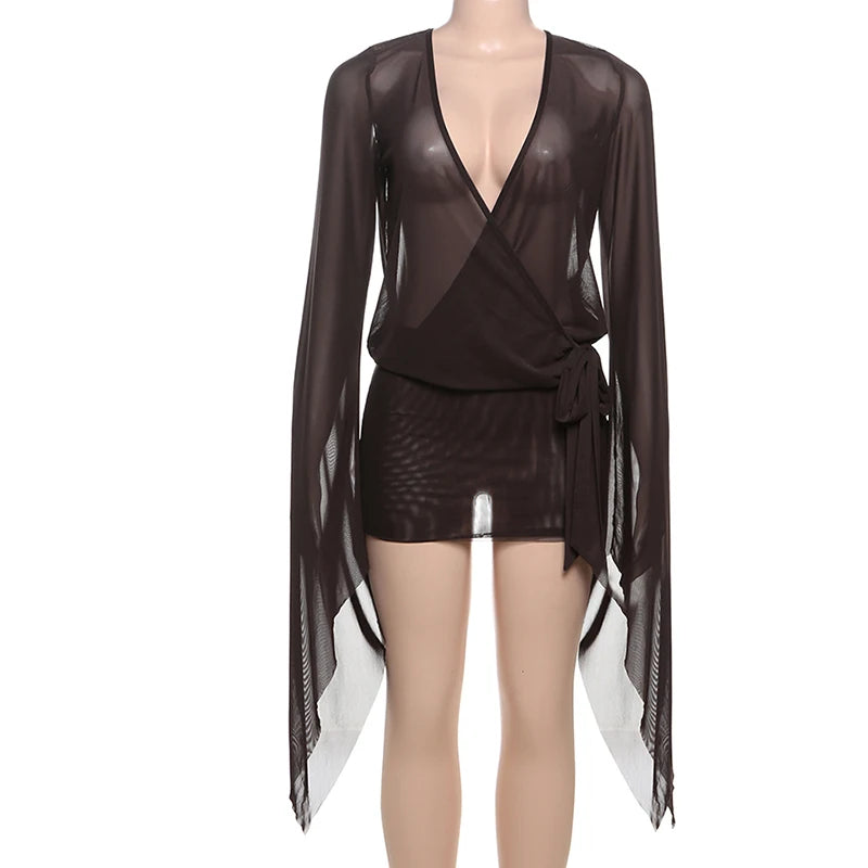 Women Mesh Irregular  Mini Dress Sexy See Through Chic Long Sleeve Deep Low Neck Bandage Slim Vestidos Mujer Coquette Frock