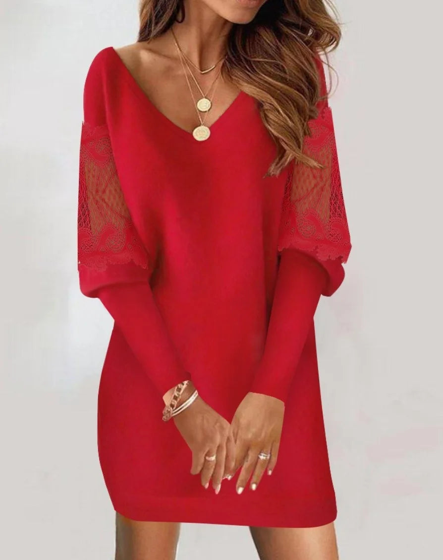 Autumn Winter White Lace Dress For Women's Casual Spliced Lantern Sleeve Party Mini Dresses Women Fashion Elegant Vestidos