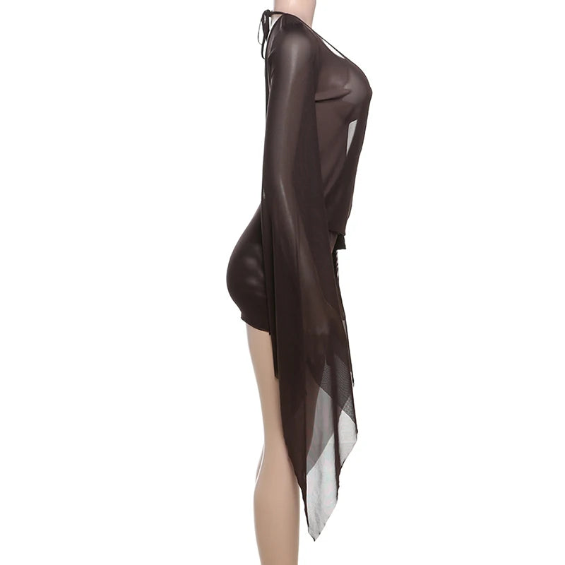 Women Mesh Irregular  Mini Dress Sexy See Through Chic Long Sleeve Deep Low Neck Bandage Slim Vestidos Mujer Coquette Frock