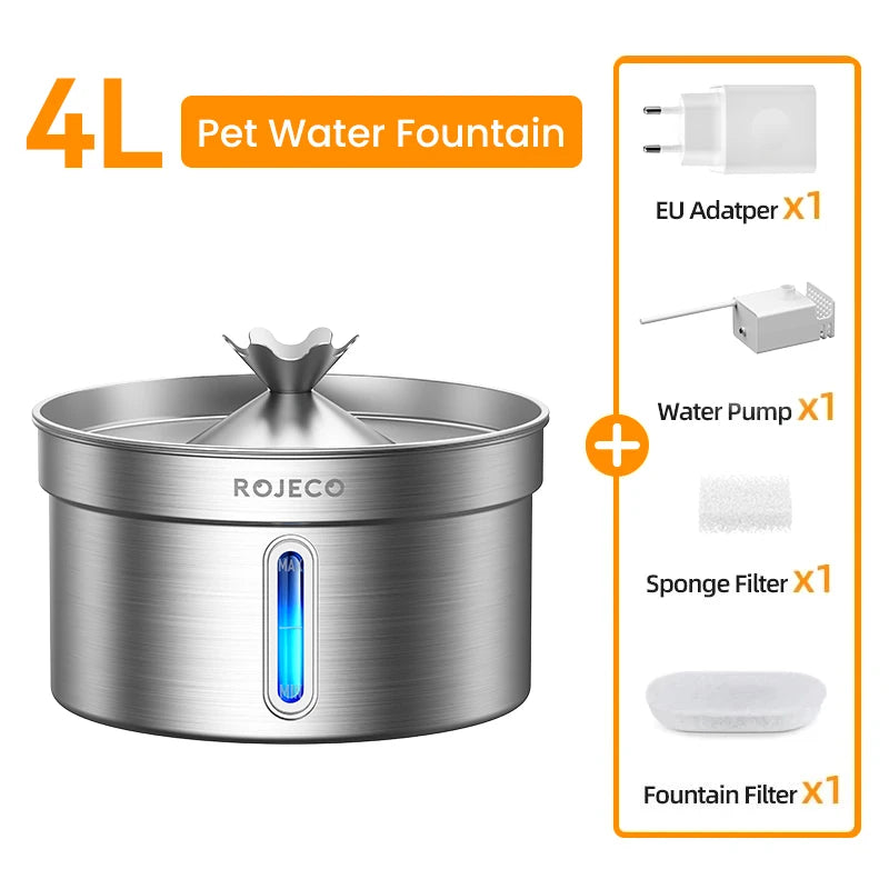 ROJECO Stainless Steel Pet Drinking Fountain Smart Pet Water Dispenser Automatic Cat Water Fountain for Dog Cat Drinking Supply