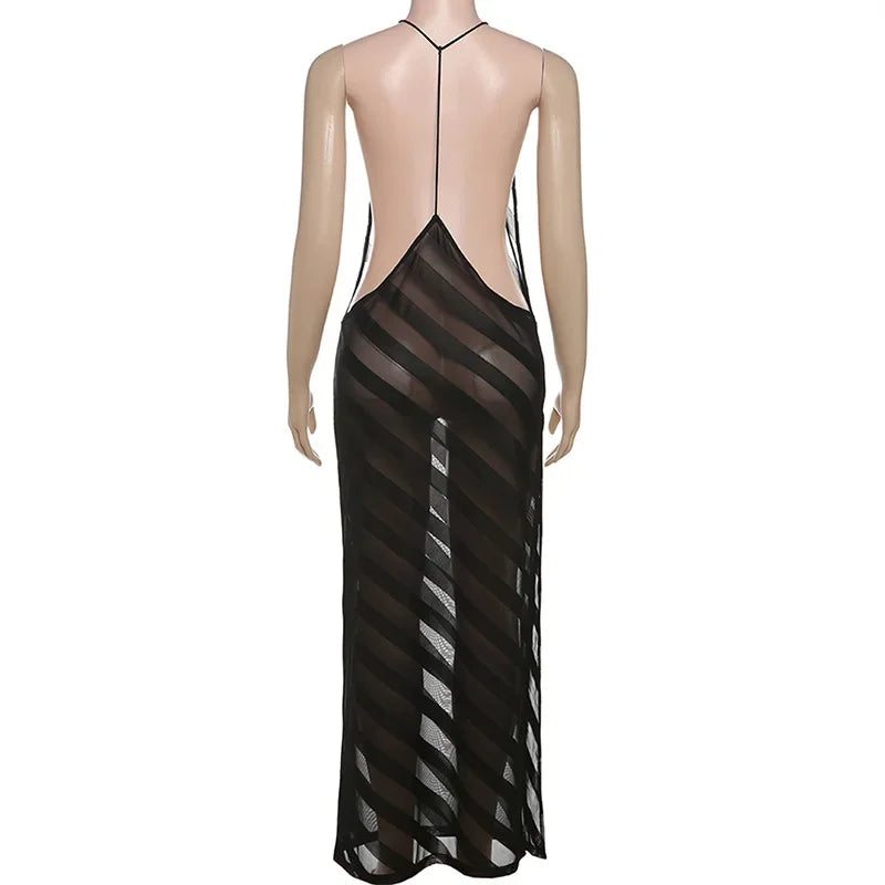 Mesh See Through Sexy Halter Party Club Maxi Split Dress Outfits Women Summer Sleeveless Backless Bodycon Long Dresses Vestido