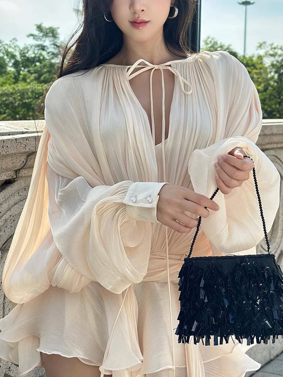 GALCAUR Solid Loose Splicd Lace Up Dresses For Women V Neck Long Sleeves Patchwork Ruffles Tunic Dreses Female Fashio New
