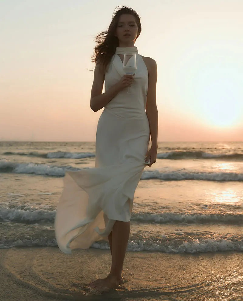 GACVGA Satin Backless Pearls Sexy Bodycon Prom Party Maxi Dress Halter Sleeveless Celebrity Evening Runway Slim Club Long Dress