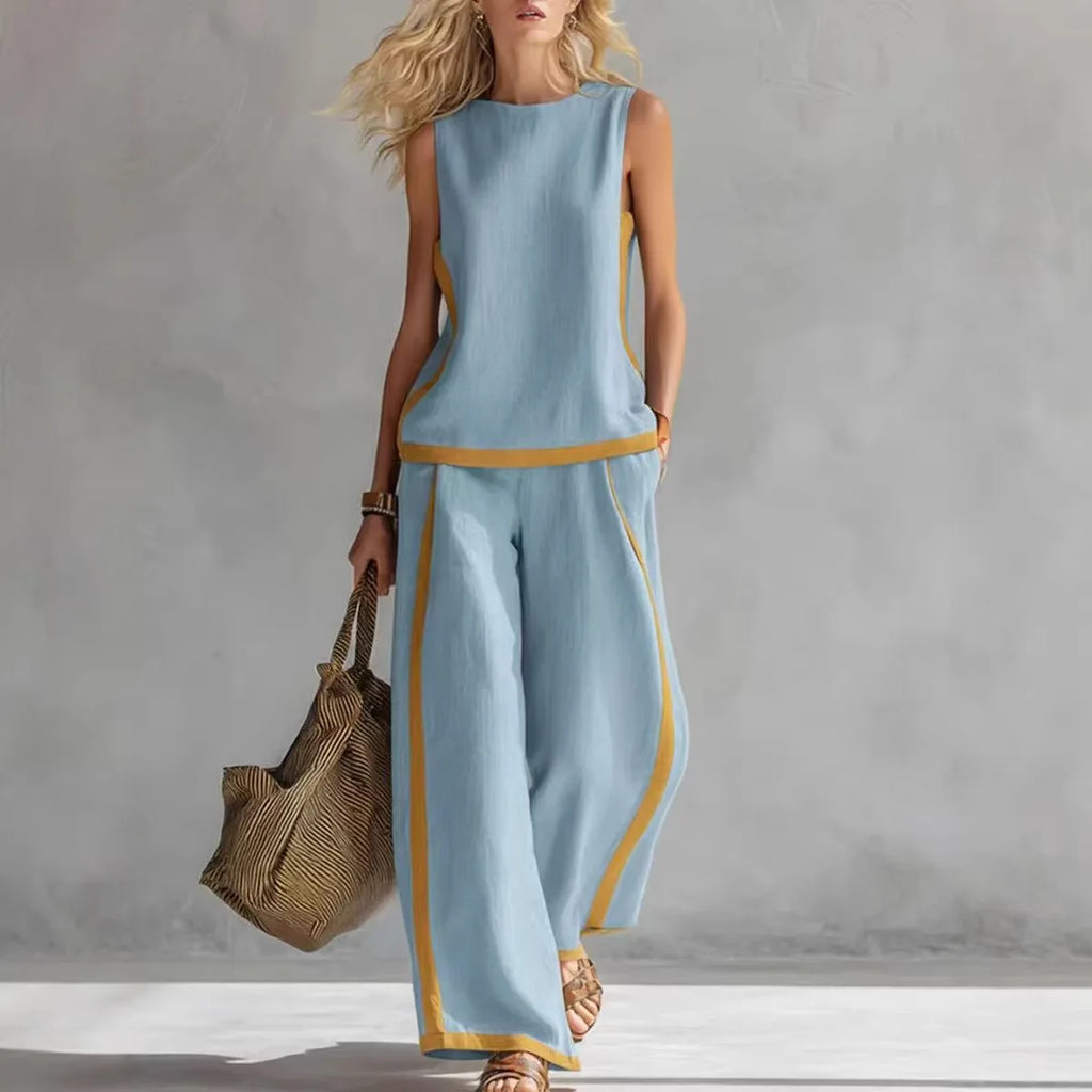 Women Linen 2 Piece Sets Color Block Sleeveless O Neck Tank Top High Waist Wide Leg Pants Loose Casual Summer Matching Suit