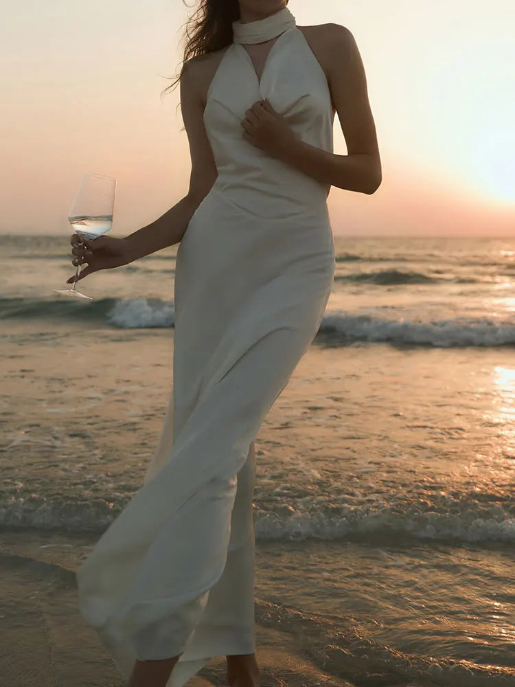 GACVGA Satin Backless Pearls Sexy Bodycon Prom Party Maxi Dress Halter Sleeveless Celebrity Evening Runway Slim Club Long Dress