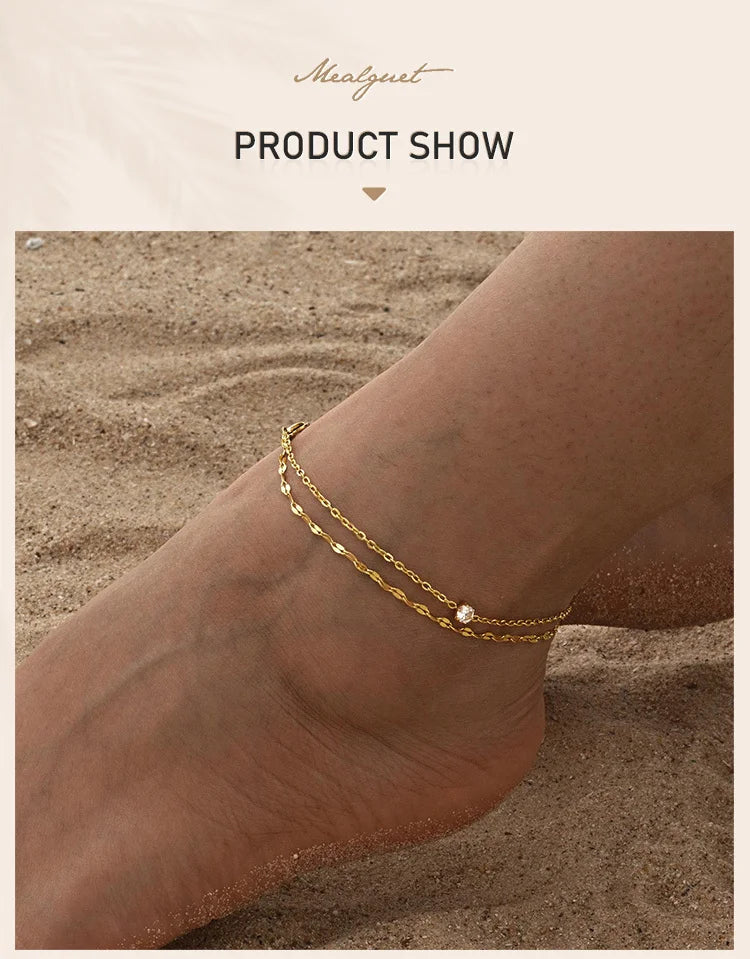 Waterproof Layered Anklet Bracelet for Women, Adjustable Gold Plated with Zirconia Stainless Steel Link Foot Chain Jewelry