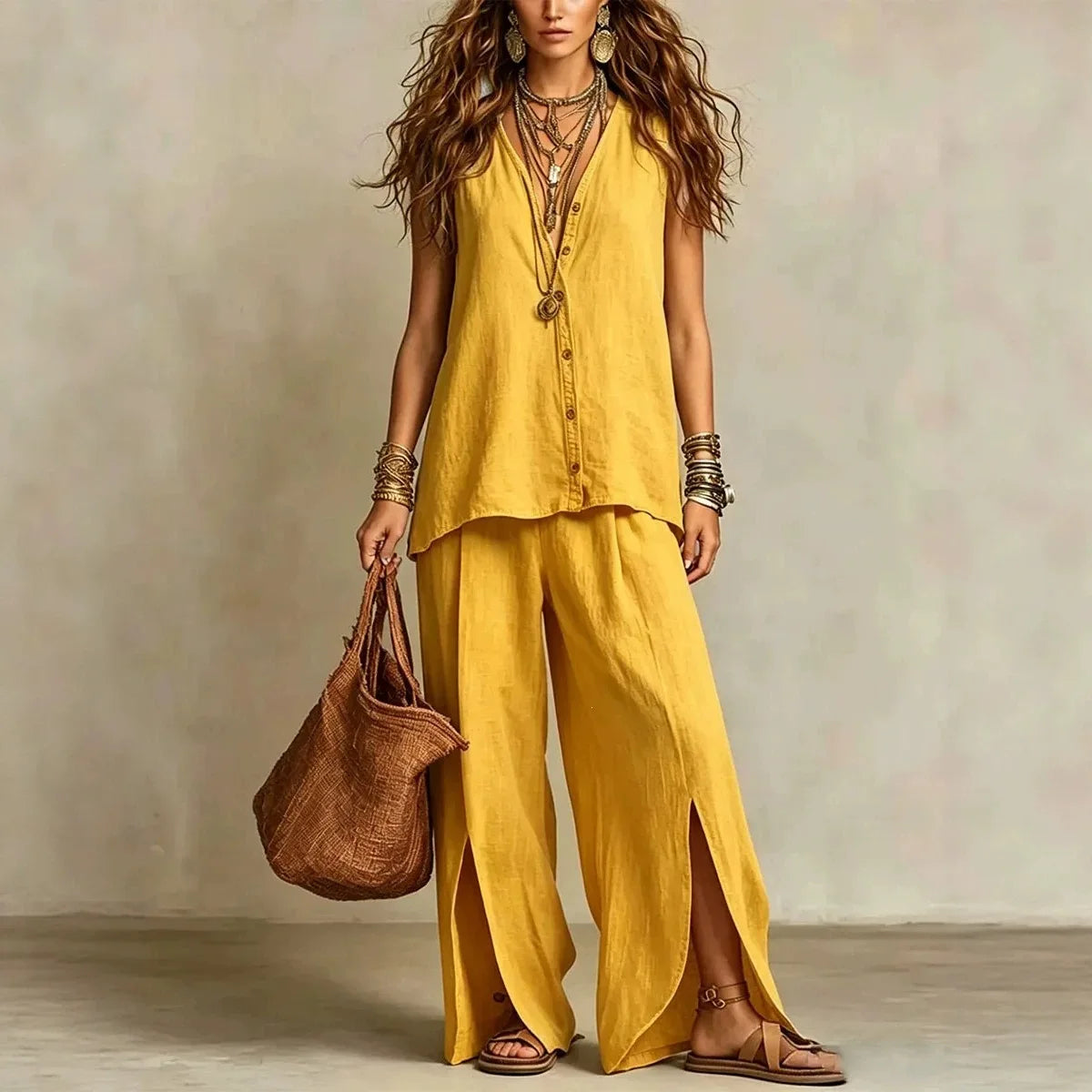 Vintage Solid Color Large Size Sleeveless V-neck Single-breasted Loose Vest Set Summer Lazy Vacation Two-piece Set